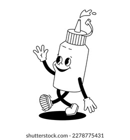Vector cartoon retro mascot monochrome illustration of walking sauce ketchup or mustard. Vintage style 30s, 40s, 50s old animation. The clipart is isolated on a white background.