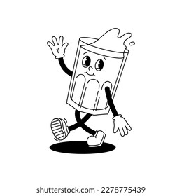 Vector cartoon retro mascot monochrome illustration of walking glass. Vintage style 30s, 40s, 50s old animation. The clipart is isolated on a white background.