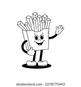 Vektor Cartoon Retro Maskottchen monochrome Illustration von wandelnden Pommes frites. Vintage Stil 30er, 40er, 50er Jahre alte Animation. Die Clipkunst ist einzeln auf weißem Hintergrund.