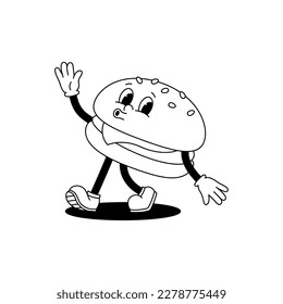 Vector cartoon retro mascot monochrome illustration of a walking hamburger. Vintage style 30s, 40s, 50s old animation. The clipart is isolated on a white background.