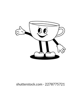 Vector cartoon retro mascot monochrome illustration of a walking cup with tea or coffee. Vintage style 30s, 40s, 50s old animation. The clipart is isolated on a white background.