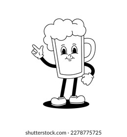 Mascota retro de dibujos animados vectoriales monocromo ilustración de vidrio caminando con cerveza. Animación de estilo vintage de los años 30, 40 y 50. El clipart está aislado en un fondo blanco.