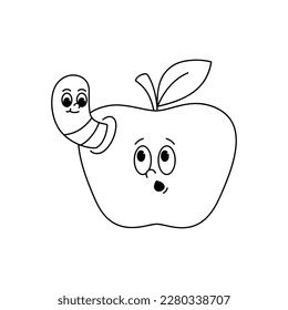 Vector cartoon retro mascot monochrome illustration of an apple with a worm. Vintage style 30s, 40s, 50s old animation. The clipart is isolated on a white background.