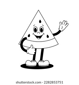 Vektor Cartoon Retro Maskottchen monochrome Illustration des wandelnden Wassermelonen-Slice. Vintage Stil 30er, 40er, 50er Jahre alte Animation. Die Clipkunst ist einzeln auf weißem Hintergrund.