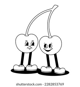 Vector cartoon retro mascot monochrome illustration of walking cherry. Vintage style 30s, 40s, 50s old animation. The clipart is isolated on a white background.