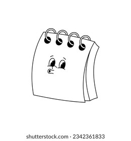 Vector cartoon retro mascot monochrome illustration of notebook with springs. Vintage style 30s, 40s, 50s old animation. The clipart is isolated on a white background.