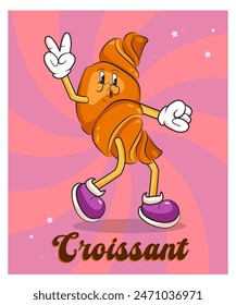Vector de dibujos animados retro mascota croissant de la paz. Antiguas estilo 70s, 60s carácter. Colorido cartel Groovy para panadería y café. Ilustración de comida de moda