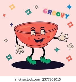 Vector cartoon retro mascot plate. Vintage style 70s, 60s, 50s. Character for posters, stickers, websites, children's illustrations