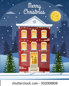 Vector cartoon retro merry christmas night illustration city houses facades landscape poster vintage.