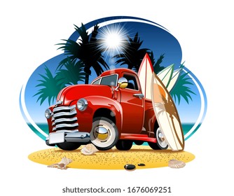 Vector cartoon retro pickup on beach. Available EPS-10 vector format separated by groups and layers