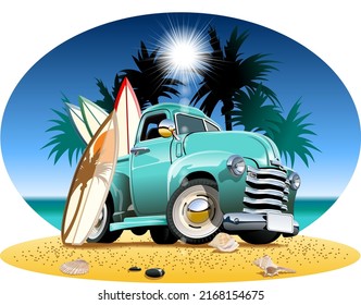 Vector cartoon retro pickup on beach. Available EPS-10 vector format separated by groups and layers