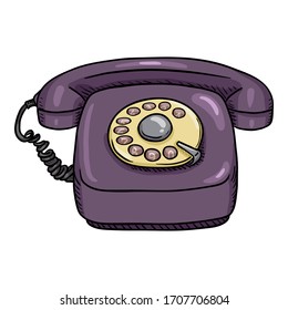 Vector Cartoon Retro Purple Rotary Telephone. Front View.