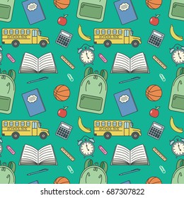 Vector cartoon retro seamless back to school pattern with simple shapes of school bus, notebook,backpack, alarm clock etc on green background. For flyer, card, cover, ad, brochure, promotional product