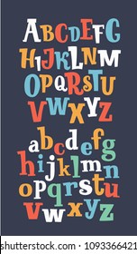 Vector cartoon retro serif alphabet, typeface, typography. Hand drawn latin typeface on dark background. Freehand typeface