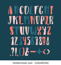 Vector cartoon retro serif alphabet, typeface, typography. Hand drawn latin typeface on dark background. Freehand typeface