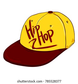 Vector Cartoon Retro Yellow Baseball Cap with Flat Red Peak. Hip-hop Headwear.