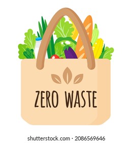 Vector Cartoon Reusable Grocery Bag With Eco Quot With Healthy Organic Food. Caring For The Environment Concept. Eco Food Shopping.