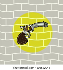vector cartoon revolver in a yellow circle on the gray wall