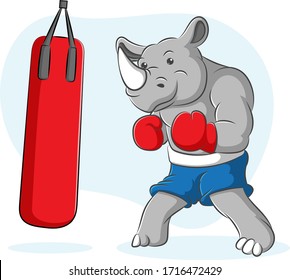 A vector cartoon of a rhino boxer in a boxing attitude
