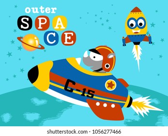 vector cartoon of rhino on spaceship journey to space with funny rocket