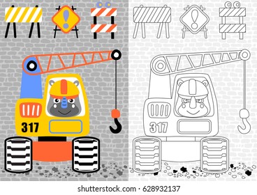 vector cartoon of rhinoceros driving construction vehicle with construction signs, coloring book or page