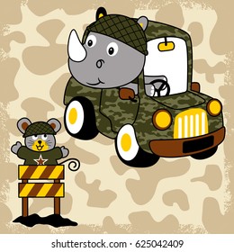 vector cartoon of rhinoceros driving military vehicle with a little mouse in military barrier