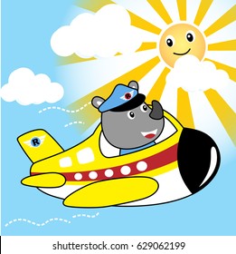 vector cartoon of rhinoceros on airplane with smiling sun
