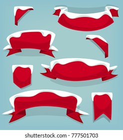 vector cartoon ribbon badge flag and corner template illustration doodle drawing in winter snow theme collection set