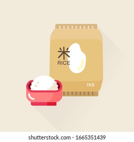 vector cartoon rice bag, starchy food package / asian food / grain reserves, storage stocks concept / flat, isolated, sign and icon template