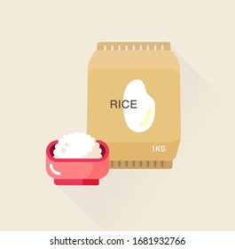 vector cartoon rice bag, starchy food package / asian food / grain reserves, storage stocks concept / flat, isolated, sign and icon template on white background