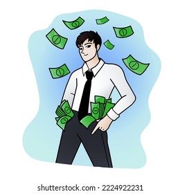 Vector cartoon rich man. Money sticking out of pockets. Smiling successful character. Flat illustration with gradients 