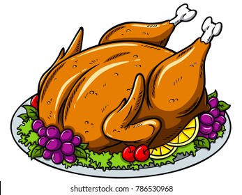 Vector Cartoon Roasted Turkey With Fruits On A Plate