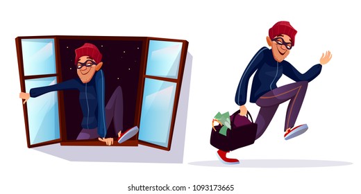 Vector cartoon robber, thief characters set. Male burglar running with stolen money, jewelry bag, housebreaker committing crime, entering private house through window.