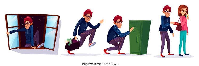 Vector cartoon robber, thief characters set. Burglar running with stolen money, jewelry bag, housebreaker entering house through window, man breaking safe box, pickpocket stealing wallet woman purse