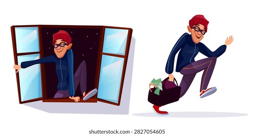 Vector cartoon robber, thief characters set. Male burglar running with stolen money, jewelry bag, housebreaker committing crime, entering private house through window.