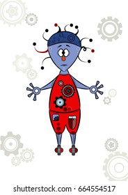 Vector cartoon robot with gears on the red overall and hat with color antennas