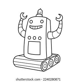 Dibujo de robot de dibujos animados con dibujos animados. Dibujo de robot retro feliz aislado en blanco 