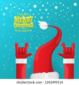 vector cartoon rock n roll Santa Claus character with gold calligraphic greeting text on azure background with snowflakes. Violet Merry Christmas Rock n roll party poster design or greeting card.