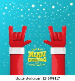 vector cartoon rock n roll Santa Claus character with gold calligraphic greeting text on azure background with snowflakes. Violet Merry Christmas Rock n roll party poster design or greeting card.