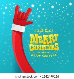 vector cartoon rock n roll Santa Claus character with gold calligraphic greeting text on azure background with snowflakes. Violet Merry Christmas Rock n roll party poster design or greeting card.
