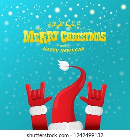 vector cartoon rock n roll Santa Claus character with gold calligraphic greeting text on azure background with snowflakes. Violet Merry Christmas Rock n roll party poster design or greeting card.