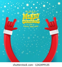 vector cartoon rock n roll Santa Claus character with gold calligraphic greeting text on azure background with snowflakes. Violet Merry Christmas Rock n roll party poster design or greeting card.