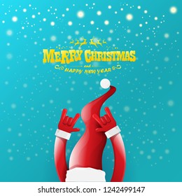 vector cartoon rock n roll Santa Claus character with gold calligraphic greeting text on azure background with snowflakes. Violet Merry Christmas Rock n roll party poster design or greeting card.