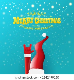 vector cartoon rock n roll Santa Claus character with gold calligraphic greeting text on azure background with snowflakes. Violet Merry Christmas Rock n roll party poster design or greeting card.