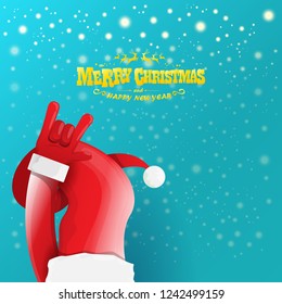 vector cartoon rock n roll Santa Claus character with gold calligraphic greeting text on azure background with snowflakes. Violet Merry Christmas Rock n roll party poster design or greeting card.