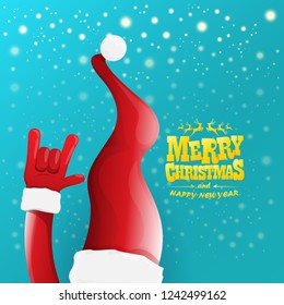 vector cartoon rock n roll Santa Claus character with gold calligraphic greeting text on azure background with snowflakes. Violet Merry Christmas Rock n roll party poster design or greeting card.