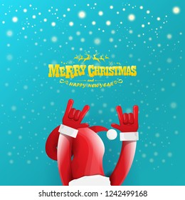vector cartoon rock n roll Santa Claus character with gold calligraphic greeting text on azure background with snowflakes. Violet Merry Christmas Rock n roll party poster design or greeting card.