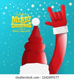 vector cartoon rock n roll Santa Claus character with gold calligraphic greeting text on azure background with snowflakes. Violet Merry Christmas Rock n roll party poster design or greeting card.