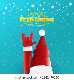 vector cartoon rock n roll Santa Claus character with gold calligraphic greeting text on azure background with snowflakes. Violet Merry Christmas Rock n roll party poster design or greeting card.