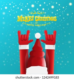 vector cartoon rock n roll Santa Claus character with gold calligraphic greeting text on azure background with snowflakes. Violet Merry Christmas Rock n roll party poster design or greeting card.